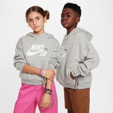 Nike SB Big Kids' Icon Fleece EasyOn Oversized Pullover Hoodie Dark Grey Heather/Heather/White